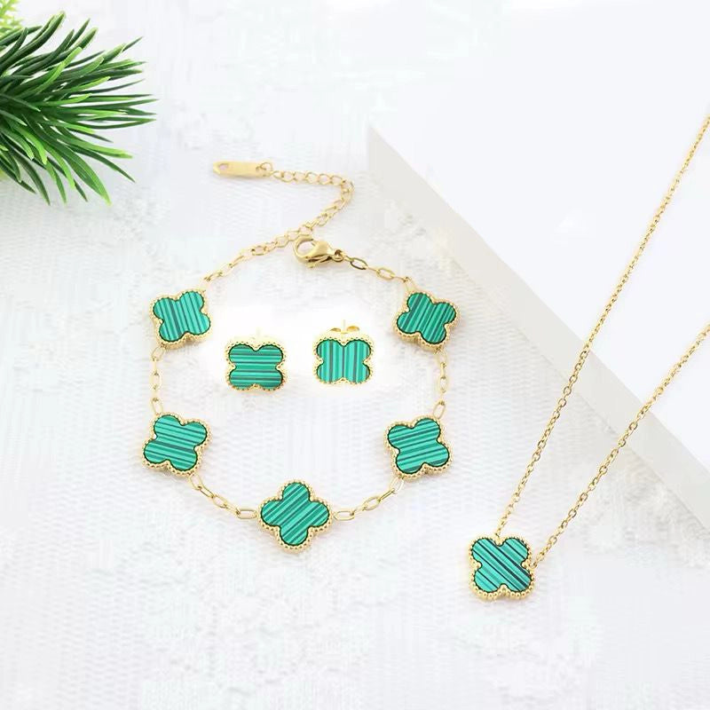 Green Set Clover (Chain Bracelet + Necklace + Tops)