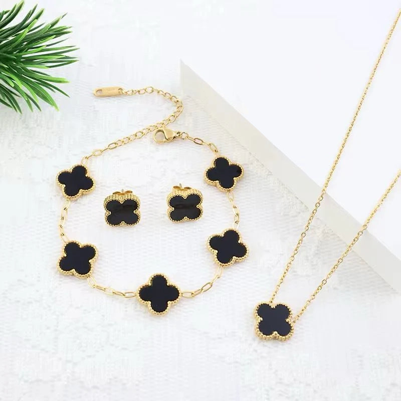 Black Set Clover (Chain Bracelet + Necklace + Tops)