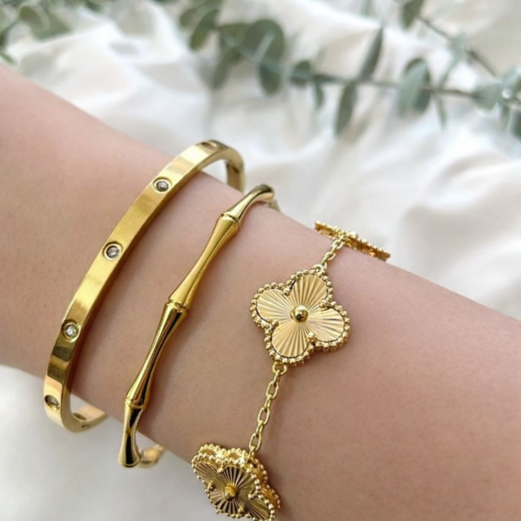 3 Bracelets (One Gap Stone + Bamboo + Clover) - Stainless Steel