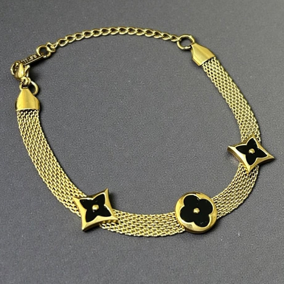 Three Shape Black Flower Mesh Bracelet - Stainless Steel