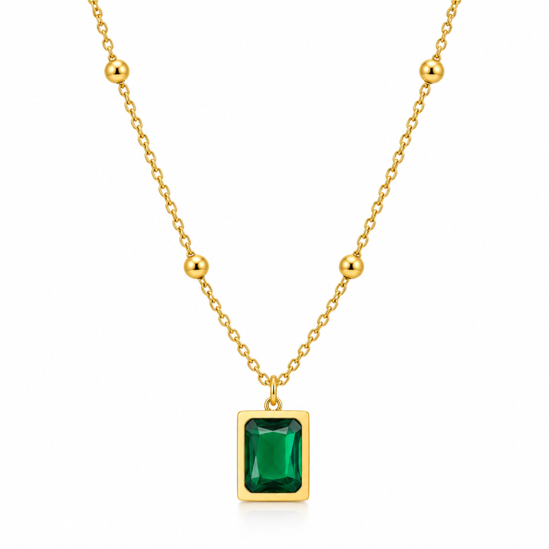 Emerald Green Rectangle Necklace - Stainless Steel