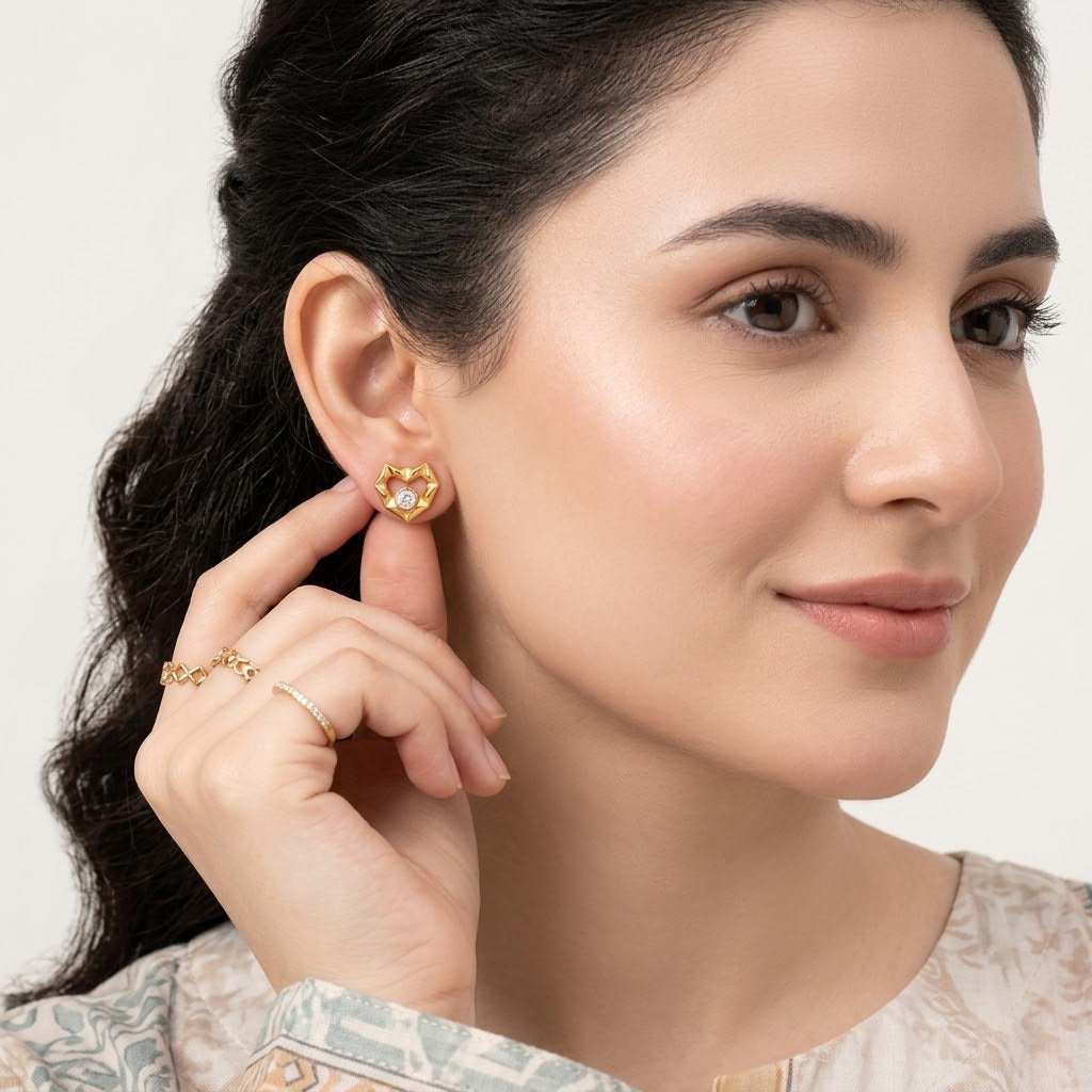 Diamond Heart Ear Tops - Stainless Steel