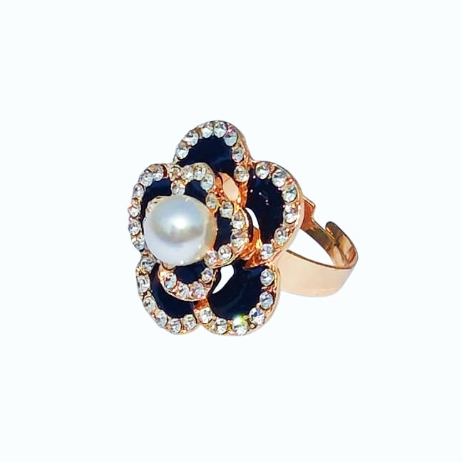 Black Rose Pearl Adjustable Ring - Stainless Steel