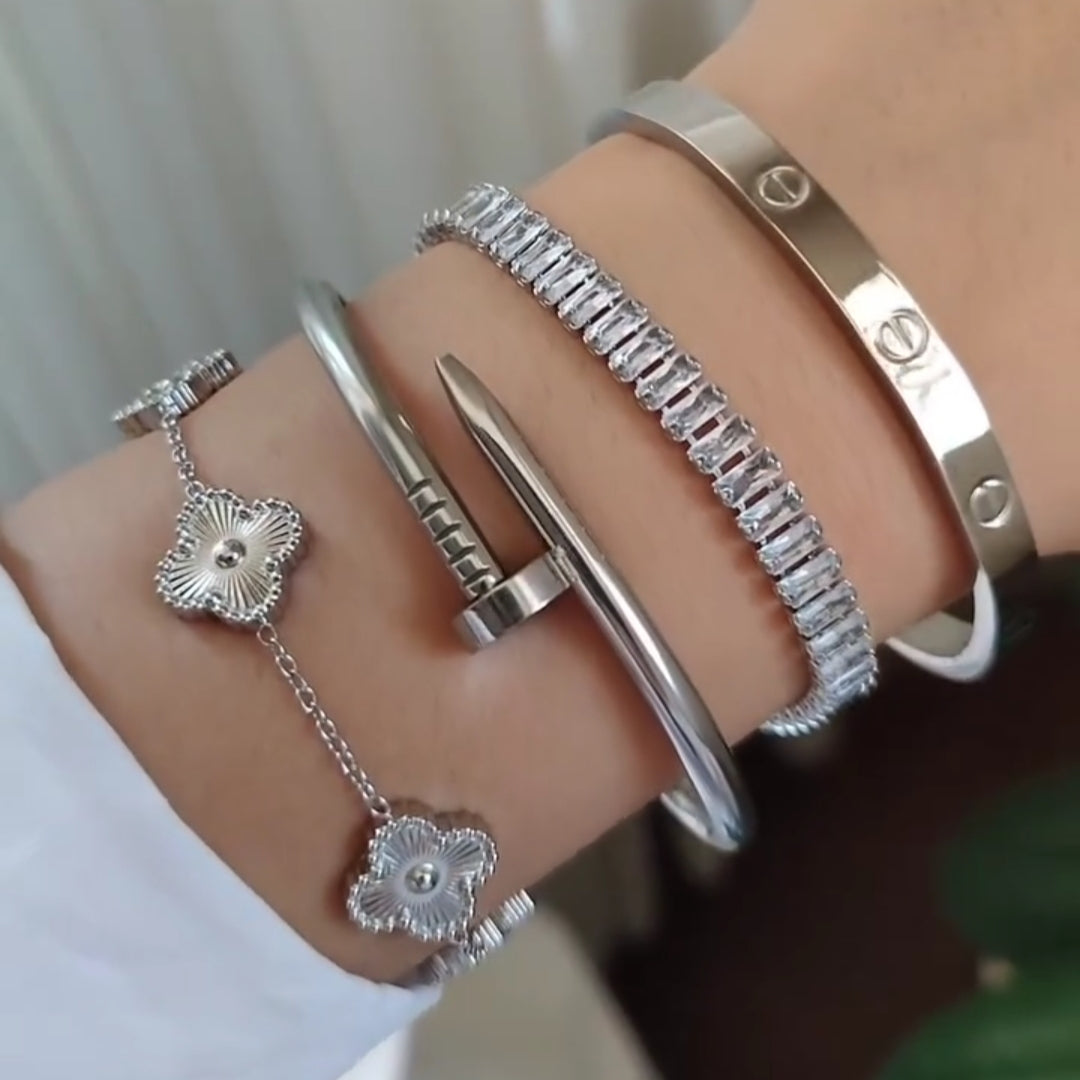 4 Bracelets (Clover + Screw Nail + Tennis + Cartier) - Stainless Steel