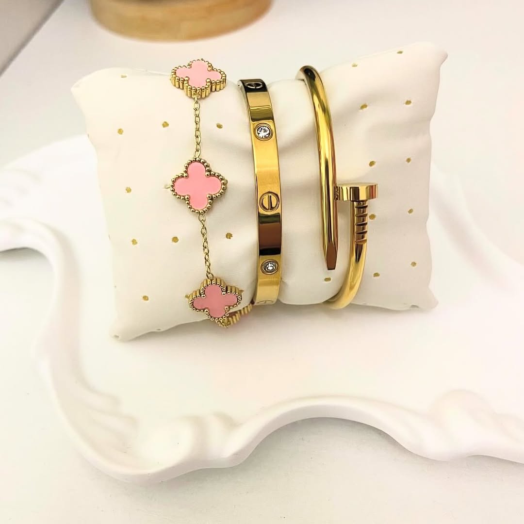 3 Bracelets (Cartier + Screw Nail + Pink Clover) - Stainless Steel