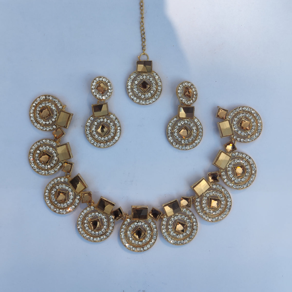 Champagne Round Stud Set (Necklace + Earrings + Head Ornament) - Cultural Handmade