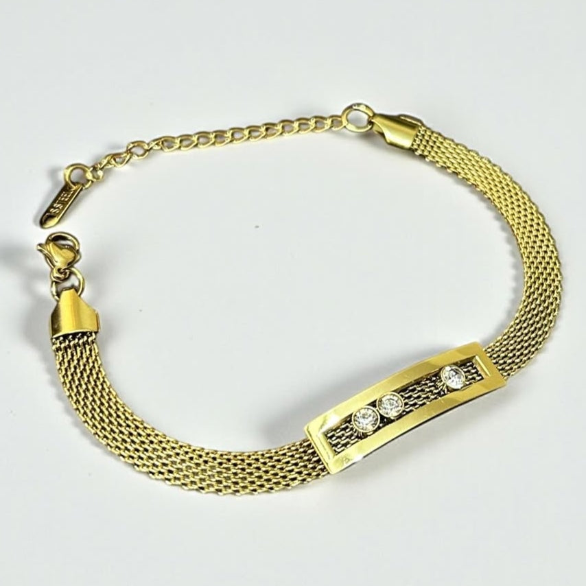 Rectangle Trip Stones Mesh Bracelet - Stainless Steel
