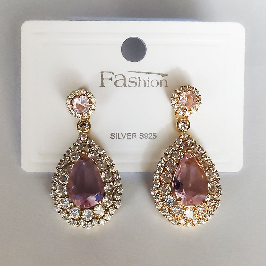 Pink Studied Dew Drop Earrings - 925 Sterling