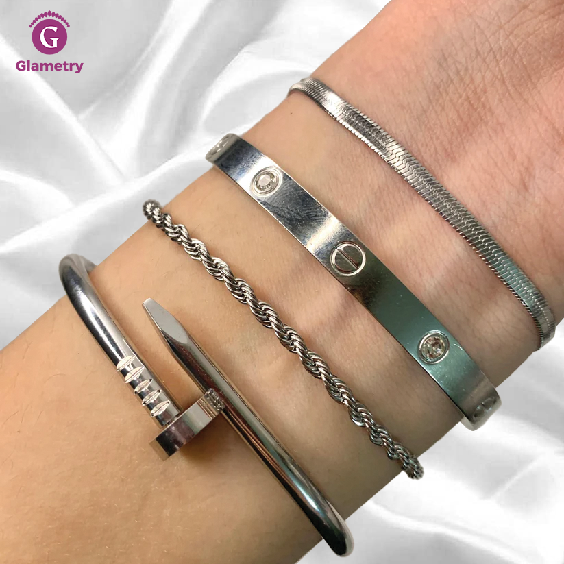 4 Bracelets (Screw Nail + Milas + Cartier + Rope) - Stainless Steel