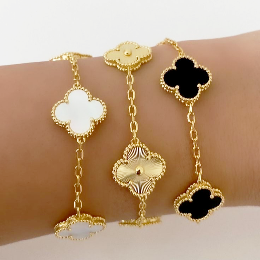 3 Clover Bracelets (Black + White + Golden) - Stainless Steel