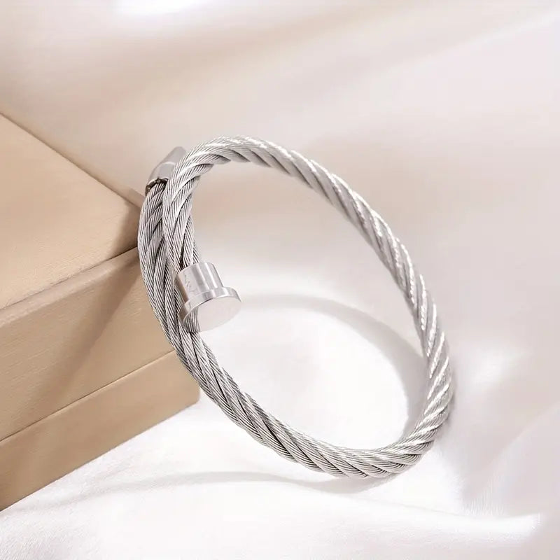 Silver Threaded Nail Bracelet - Stainless Steel