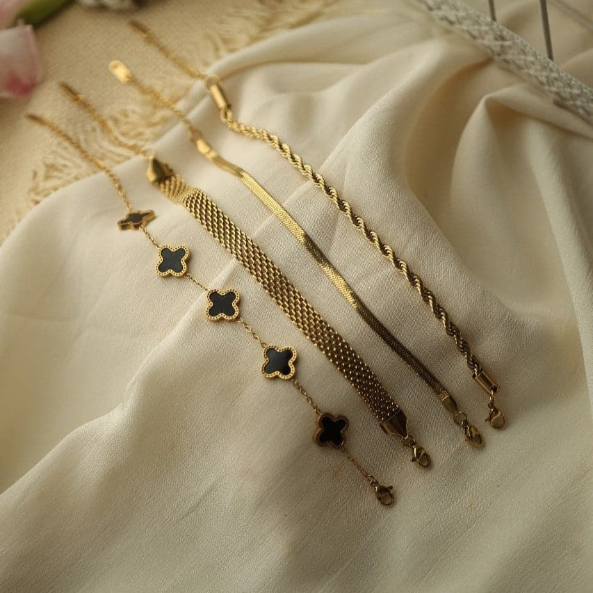 4 Bracelets (Clover + Rowena + Snake + Milas) - Stainless Steel