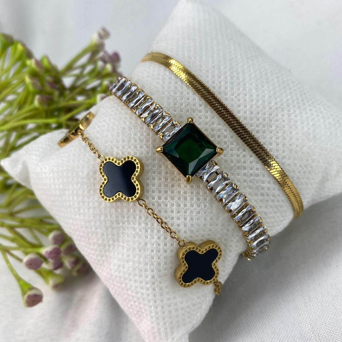 3 Bracelets (Snake + Emerald Tennis + Clover)