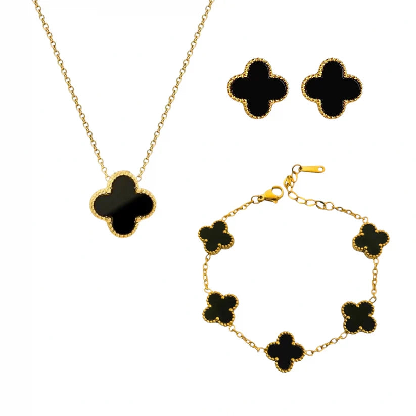 Black Set Clover (Chain Bracelet + Necklace + Tops)
