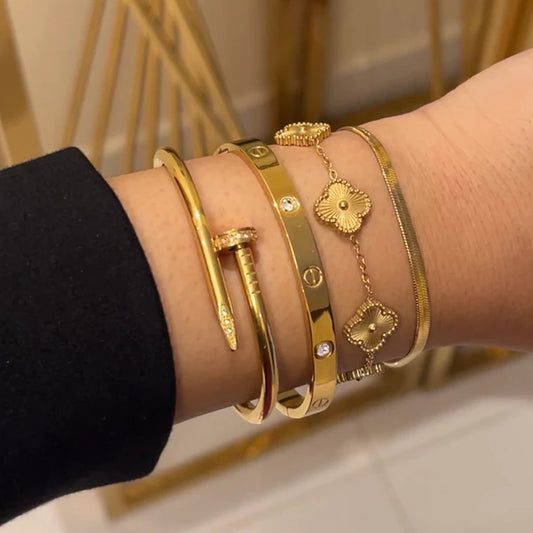 4 Bracelets (Screw Nail + Cartier + Golden Clover + Snake) - Stainless Steel