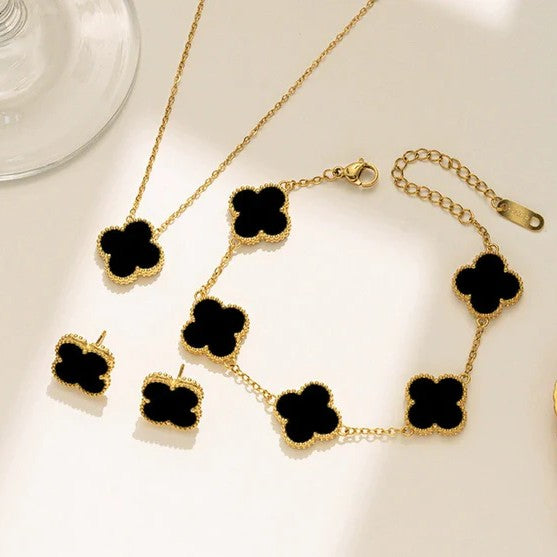 Black Set Clover (Chain Bracelet + Necklace + Tops)