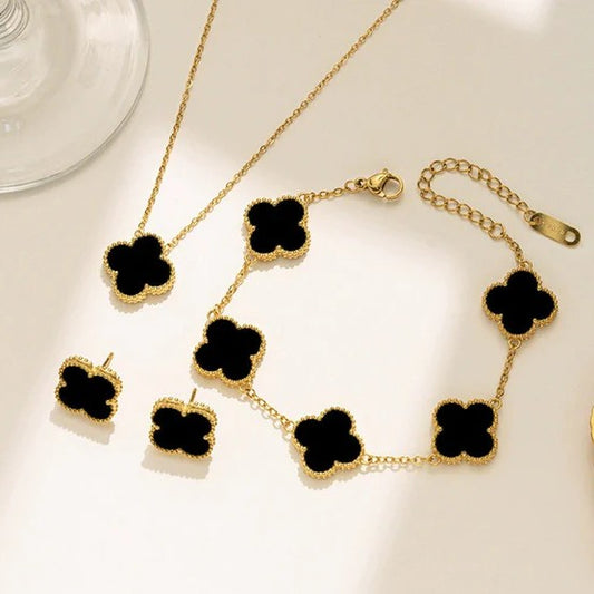 Black Set Clover (Chain Bracelet + Necklace + Tops)