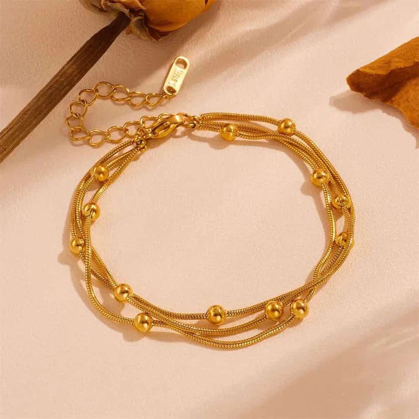 Three Layer Beaded Chain Bracelet - Stainless Steel
