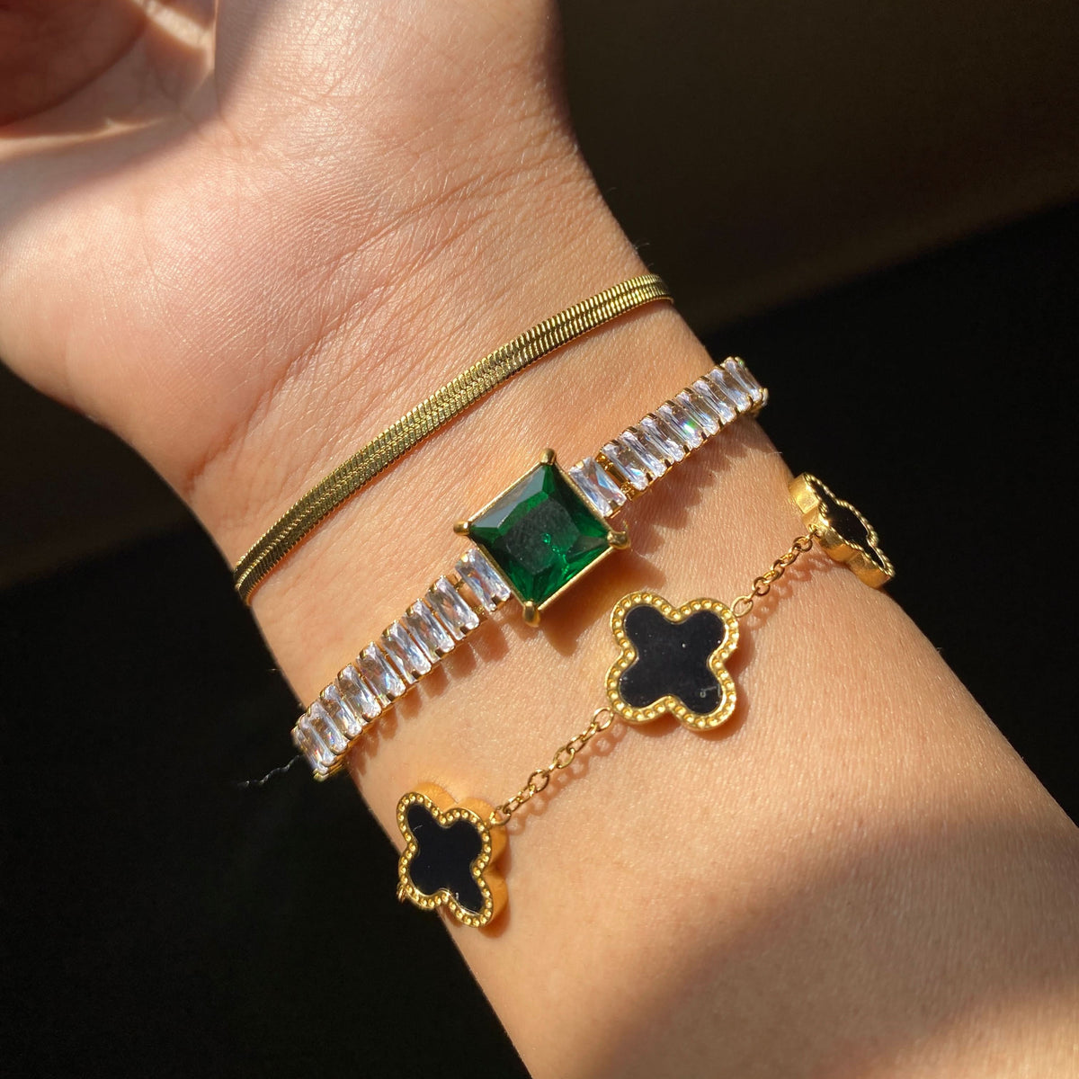 3 Bracelets (Snake + Emerald Tennis + Clover)