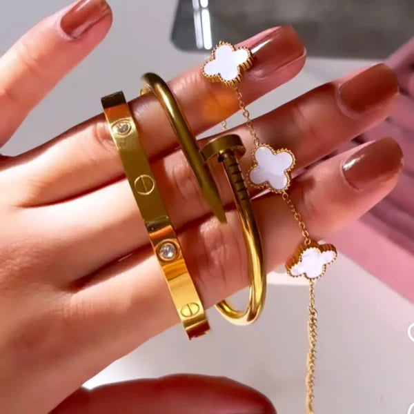 3 Bracelets (Cartier + Screw Nail + White Clover) - Stainless Steel