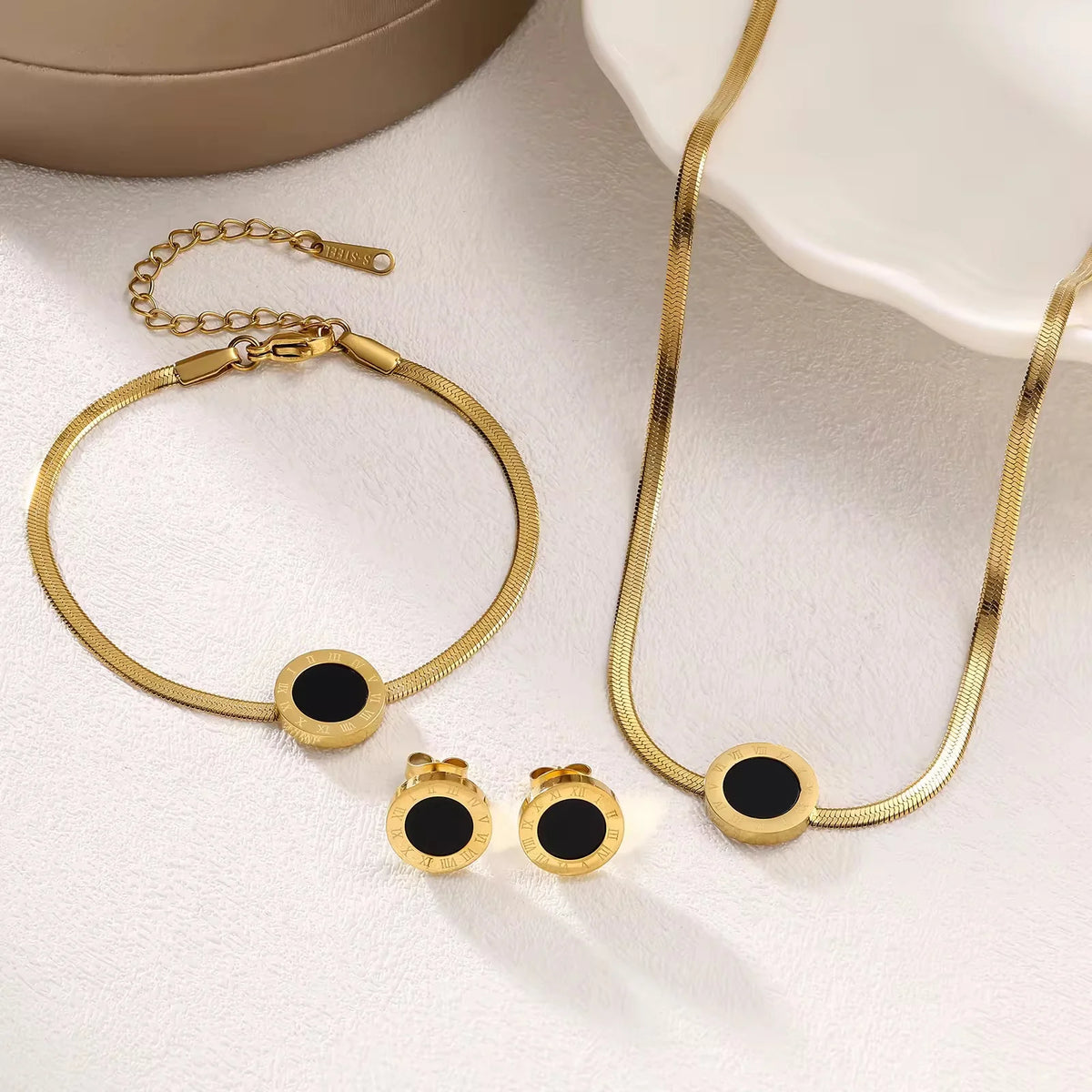Black Enamel Roman Set (Chain Bracelet + Necklace + Tops)