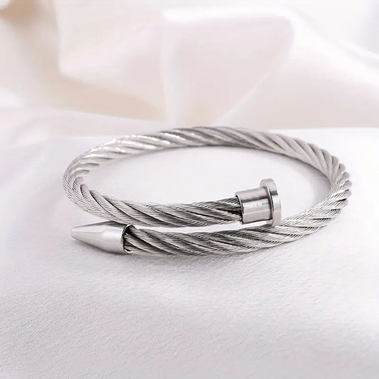 Silver Threaded Nail Bracelet - Stainless Steel