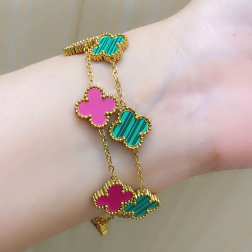 2 Clover Bracelets (Pink + Green) - Stainless Steel