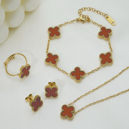 Complete Red Set Clover (Chain Bracelet + Necklace + Ring + Tops)