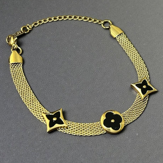Three Shape Black Flower Mesh Bracelet - Stainless Steel