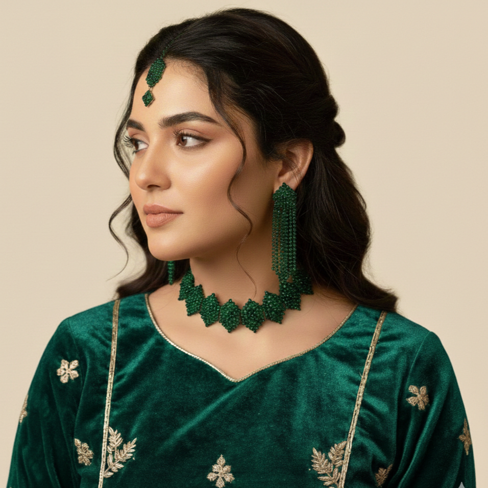 Party Wear Set (Necklace + Earrings + Head Ornament) - Cultural Handmade