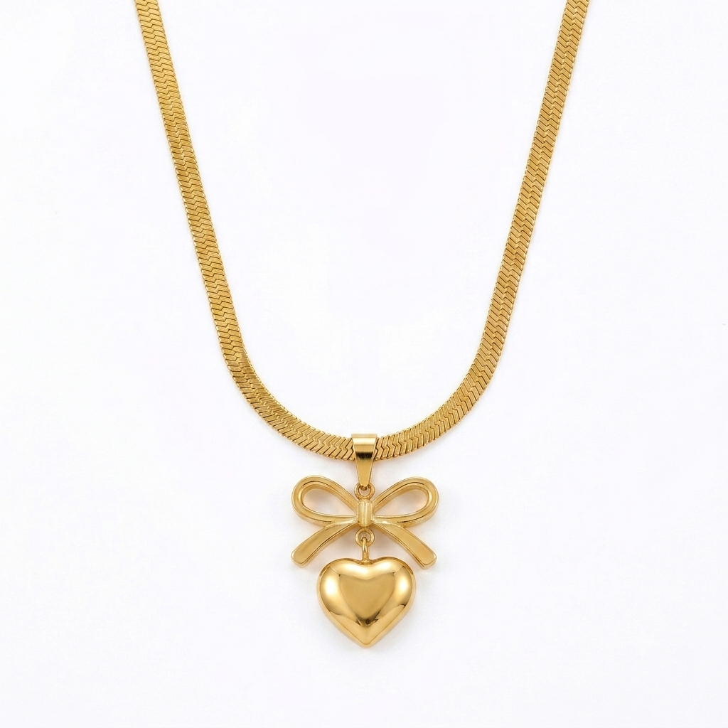 Bow Heart Necklace - Stainless Steel