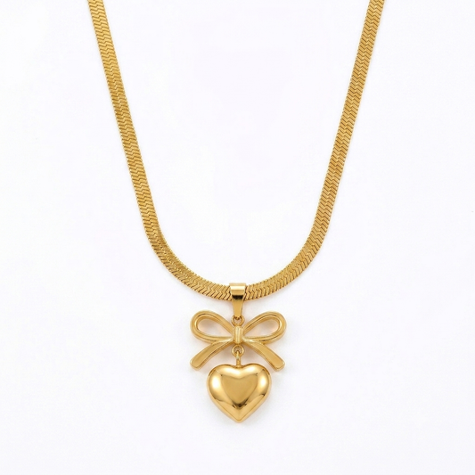 Bow Heart Necklace - Stainless Steel