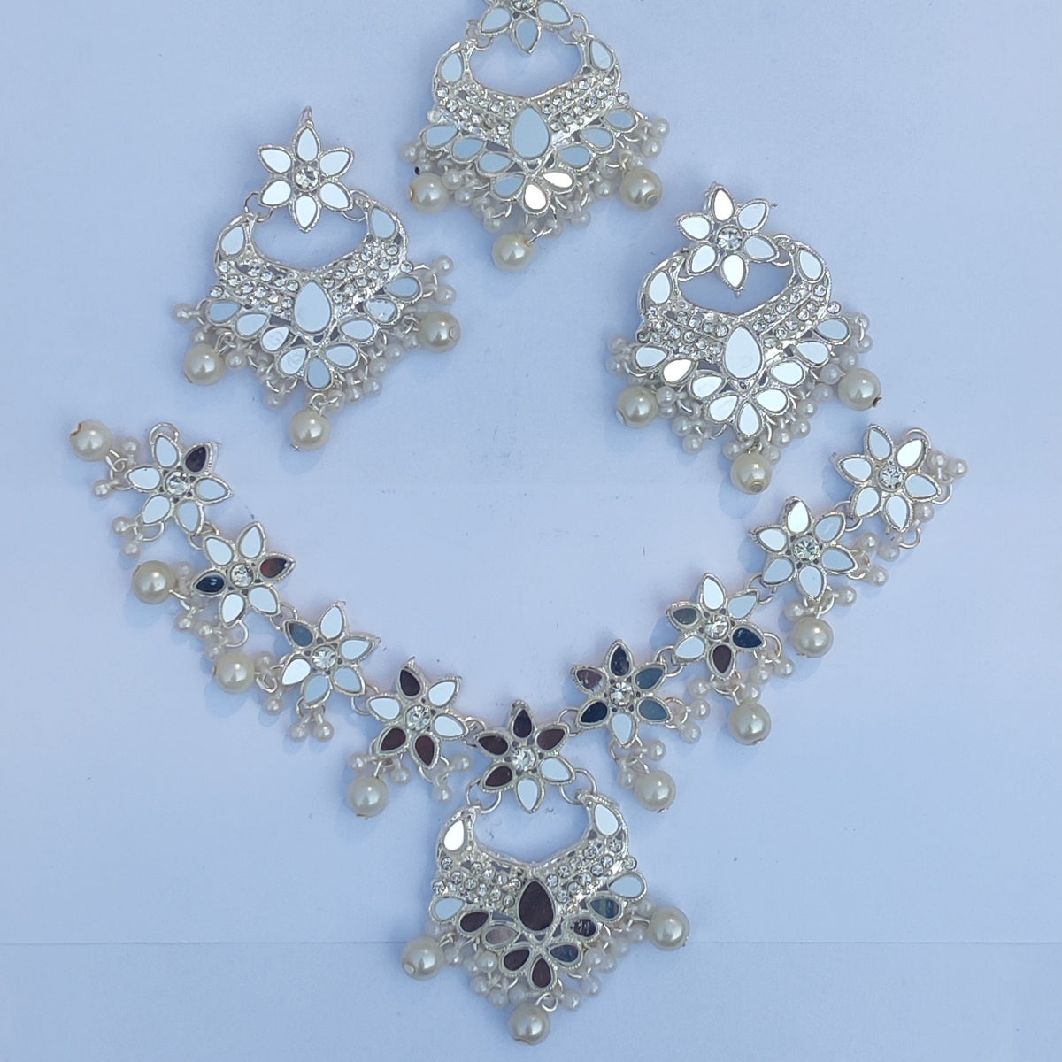 White Mirror Flower Set (Necklace + Earrings + Head Ornament) - Cultural Handmade