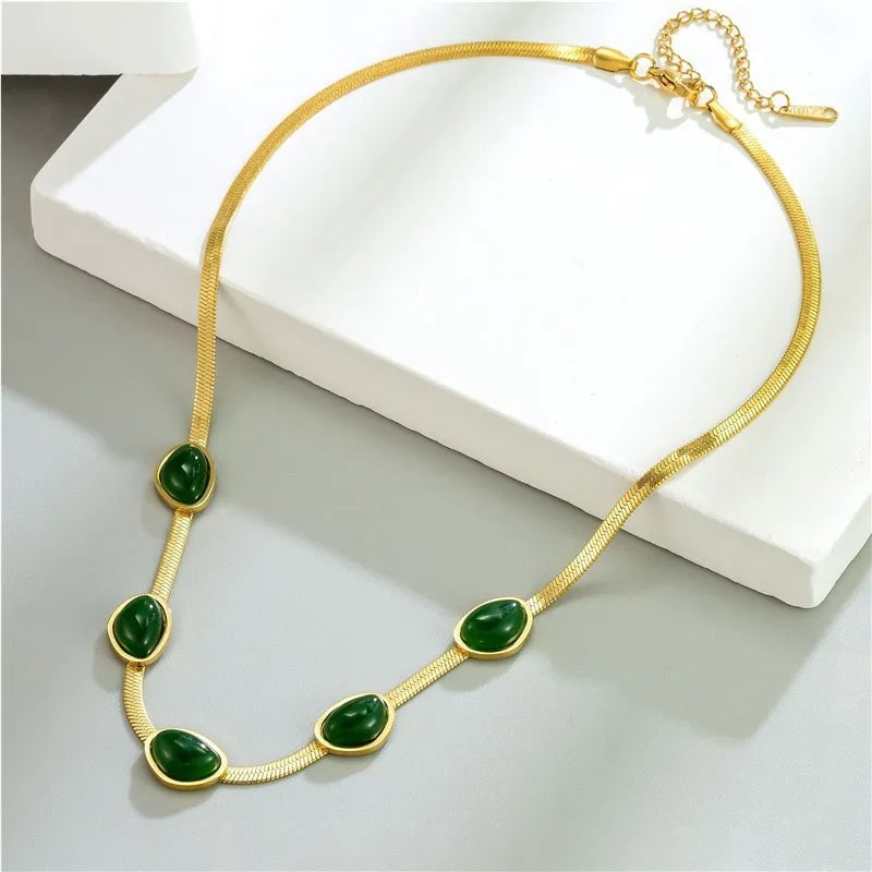 Oval Green Crystal Necklace - Stainless Steel