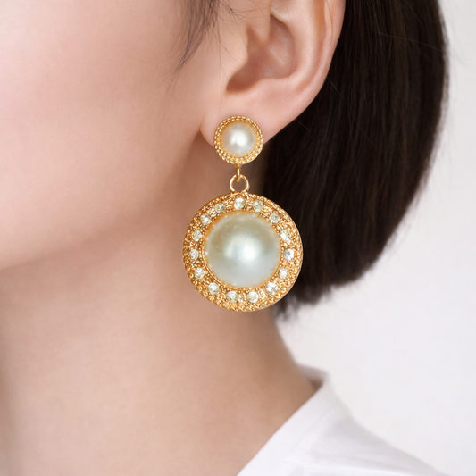 Double Round Pearl Earrings - China Gold