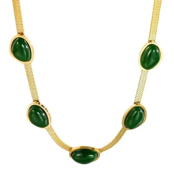 Oval Green Crystal Necklace - Stainless Steel