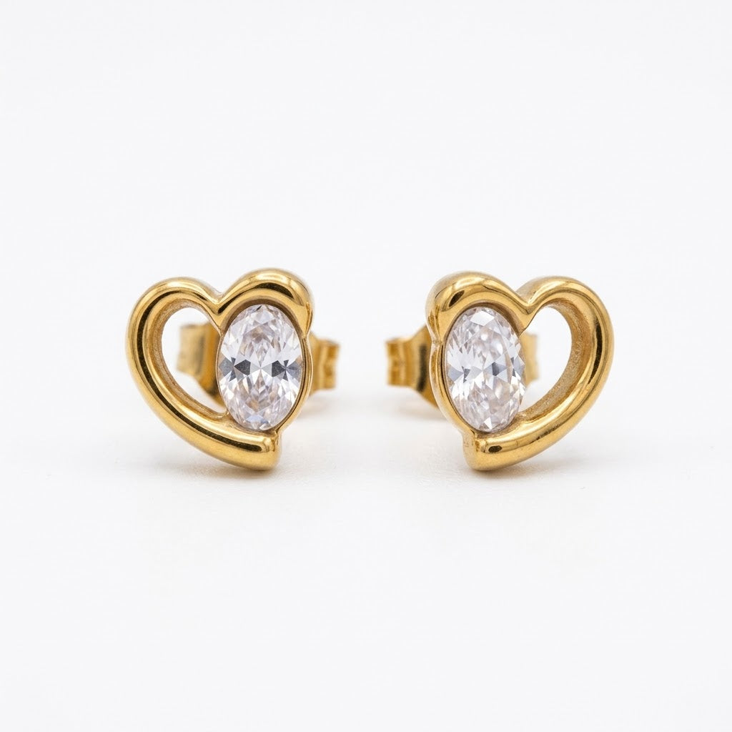 Minimal Diamond in Heart Ear Tops - Stainless Steel