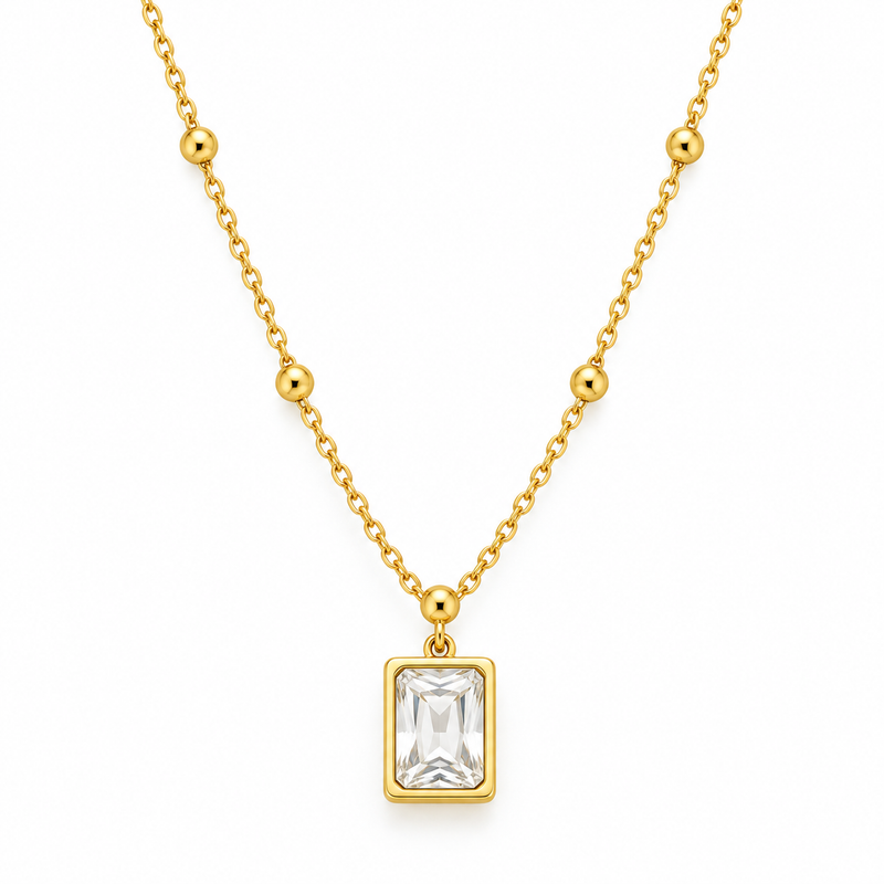 Crystal White Rectangle Necklace - Stainless Steel