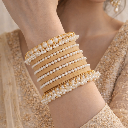 Camel Velvet Pearl Gajra Bangle - Metal