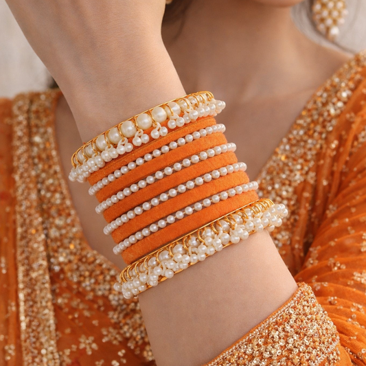 Orange Velvet Pearl Gajra Bangle - Metal