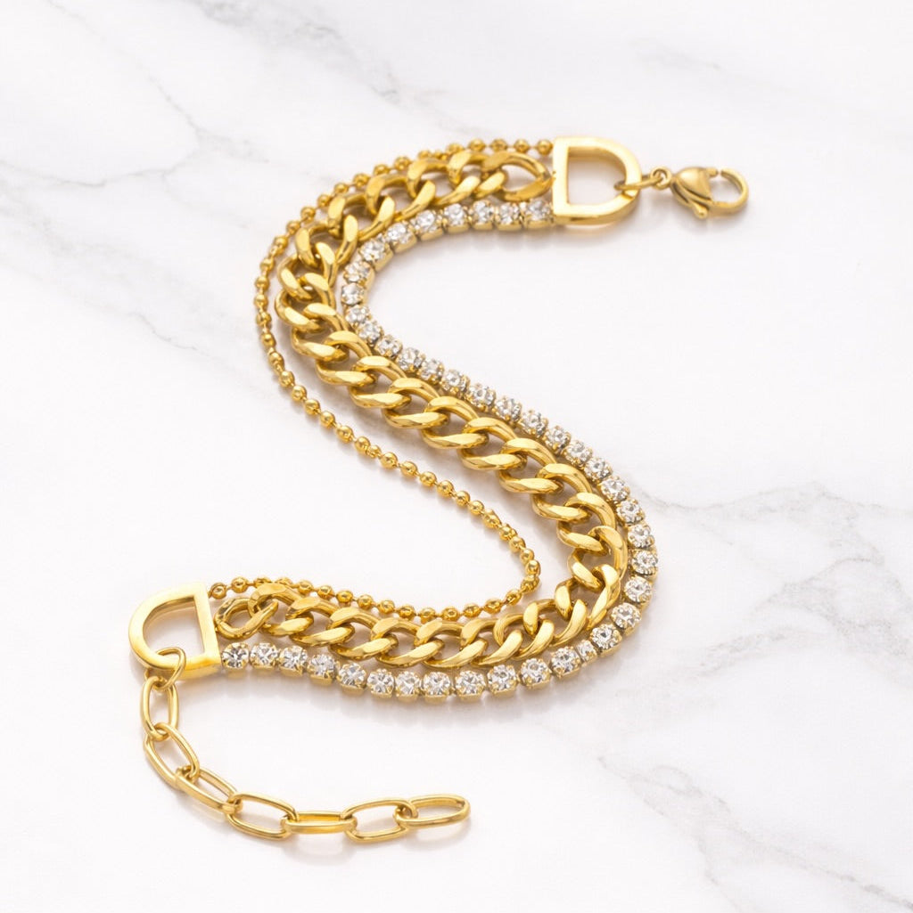 Triple Layer (Beads + Curb + Tennis) Bracelet - Stainless Steel