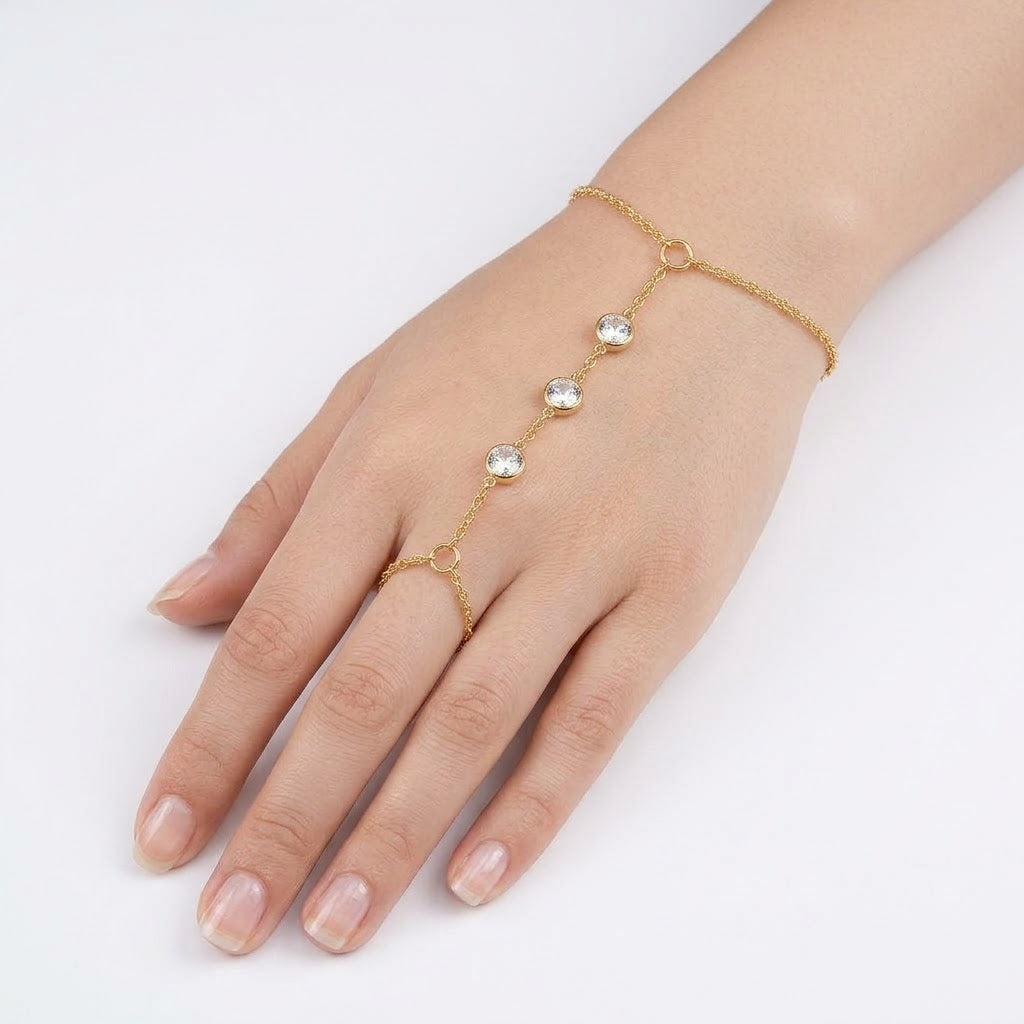 Triple Round Diamond Hand Chain Bracelet - Stainless Steel