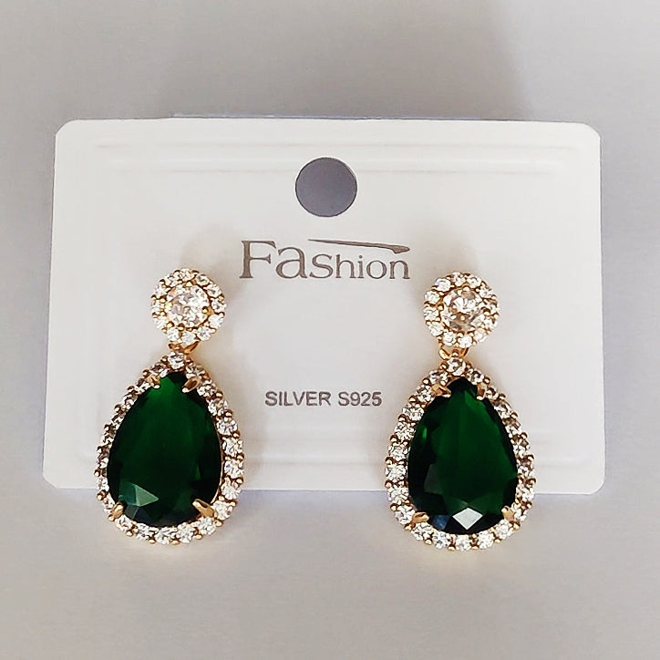 Green Studied Dew Drop Earrings - 925 Sterling