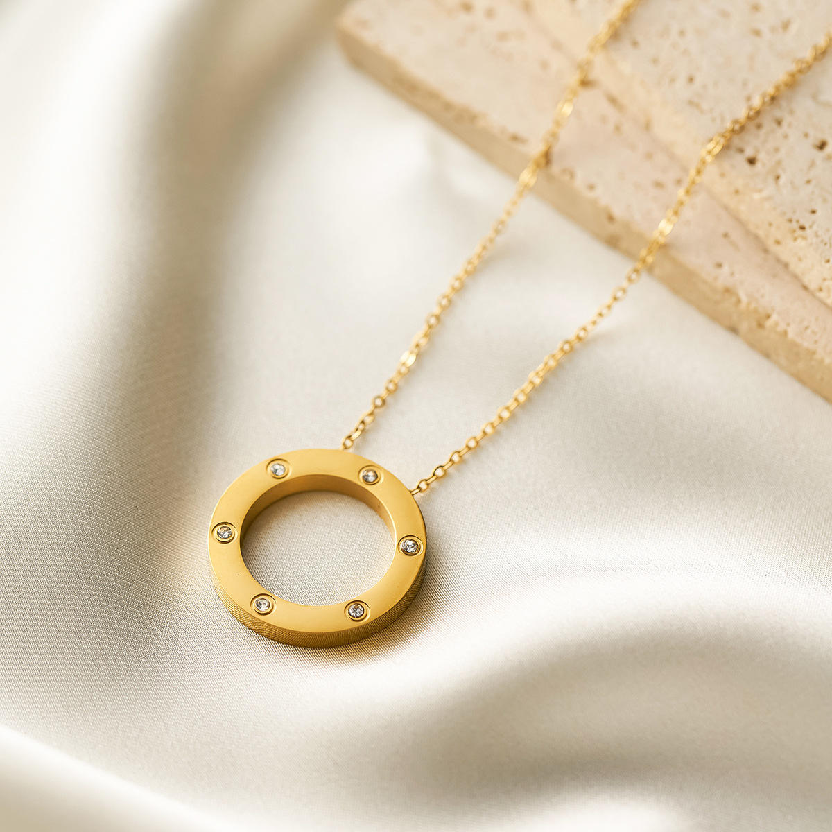 Hollow Circle Diamond Necklace - Stainless Steel