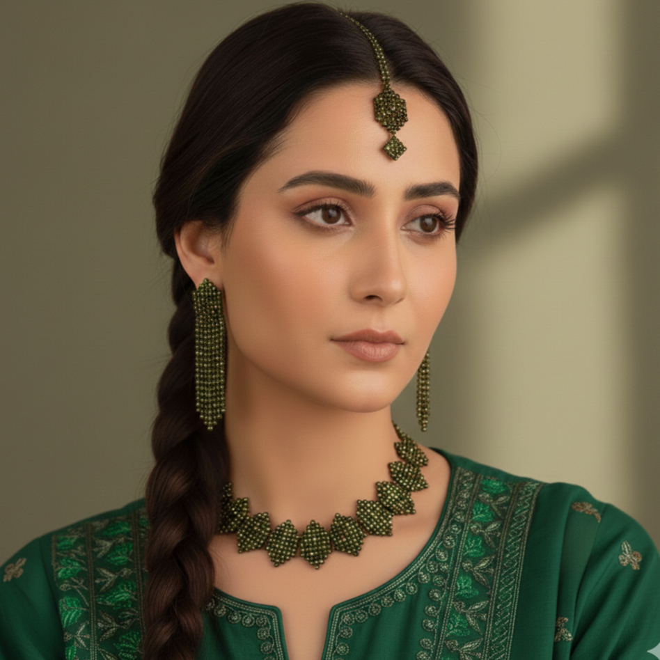 Party Wear Set (Necklace + Earrings + Head Ornament) - Cultural Handmade