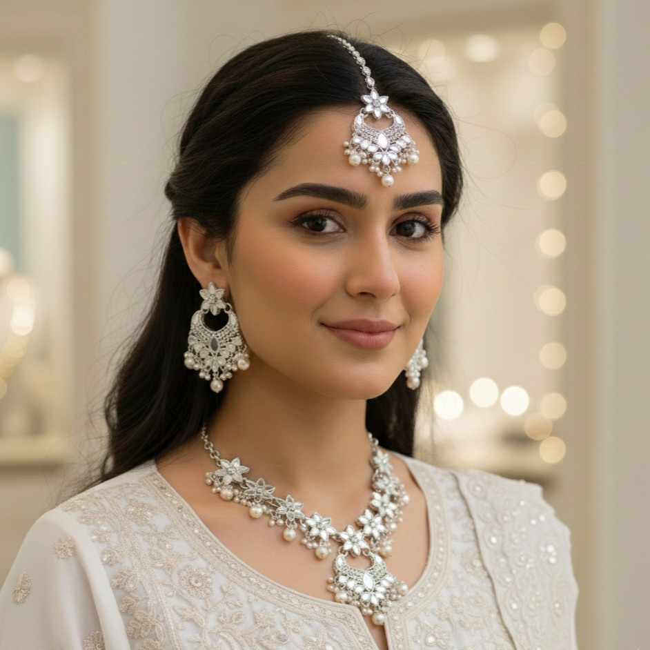 White Mirror Flower Set (Necklace + Earrings + Head Ornament) - Cultural Handmade