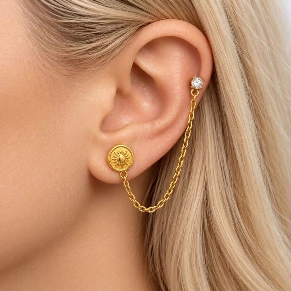 Sun Pair Double Pierce Earrings - Stainless Steel