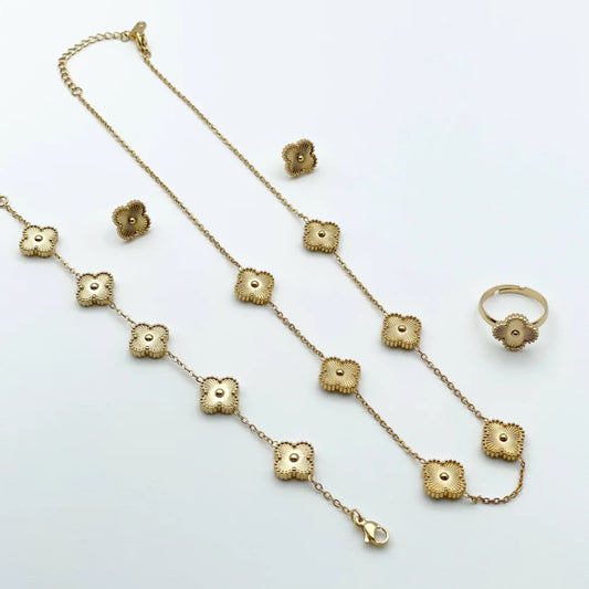 Complete Golden Set Clover (Chain Bracelet + Necklace + Ring + Tops)