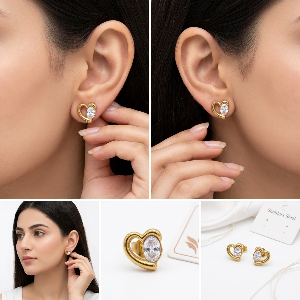 Minimal Diamond in Heart Ear Tops - Stainless Steel