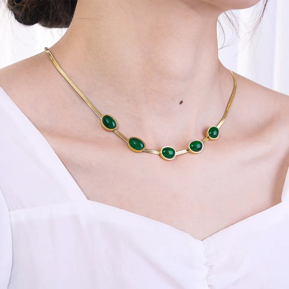 Oval Green Crystal Necklace - Stainless Steel